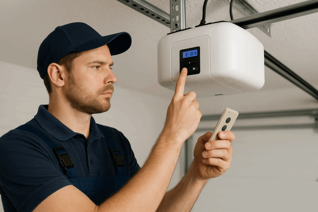 Garage door technician programming a modern smart garage door opener for reliable operation and fewer repairs.