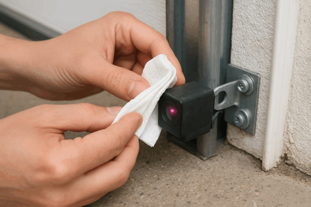 Hand cleaning garage door photo-eye sensor to ensure safety and smooth garage door repairs.
