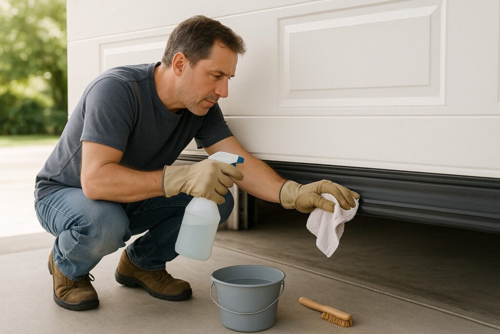 Homeowner cleaning garage door weather stripping during routine maintenance.