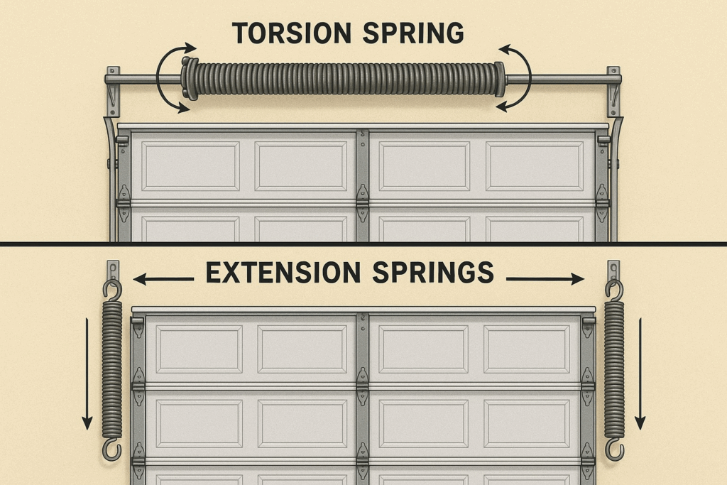 Diagram comparing torsion spring and extension springs used to repair garage door systems.