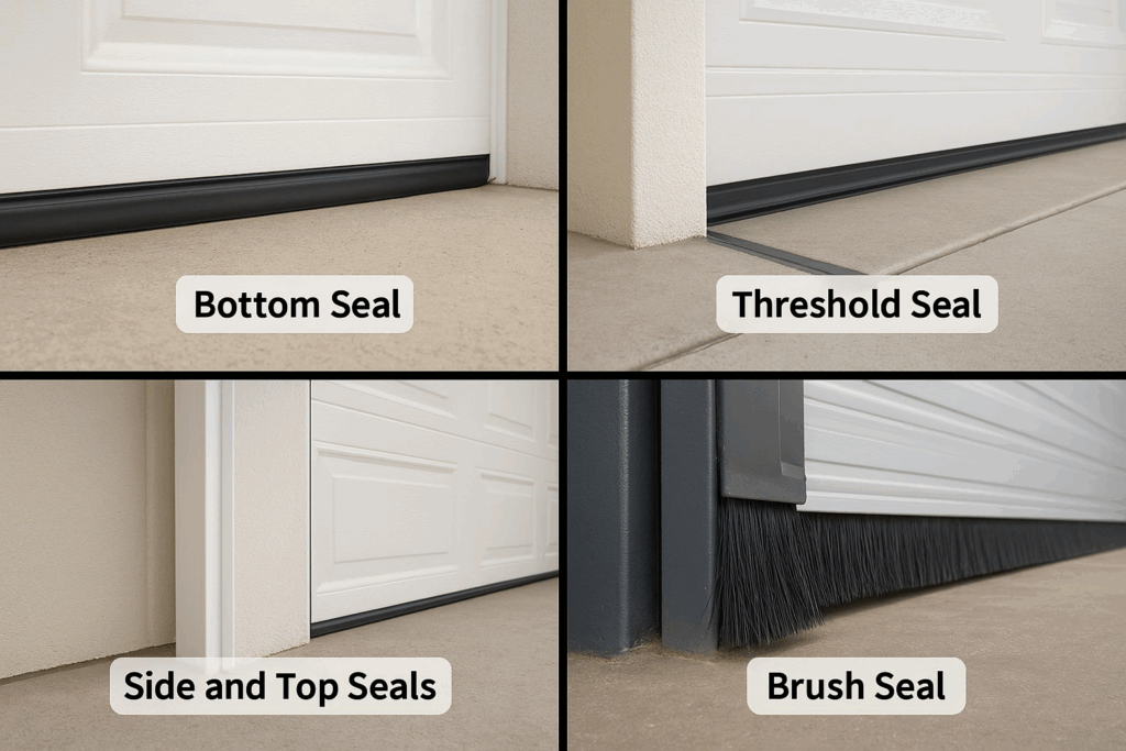 Garage door weather stripping types including bottom seal, threshold seal, side and top seals, and brush seal.