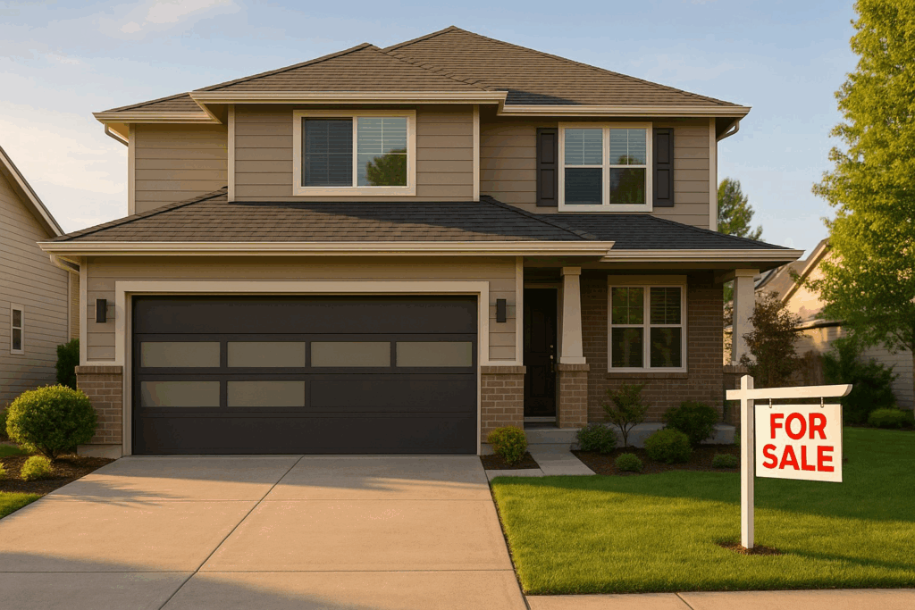 Modern home with stylish curb appeal after upgrade to repair garage door.