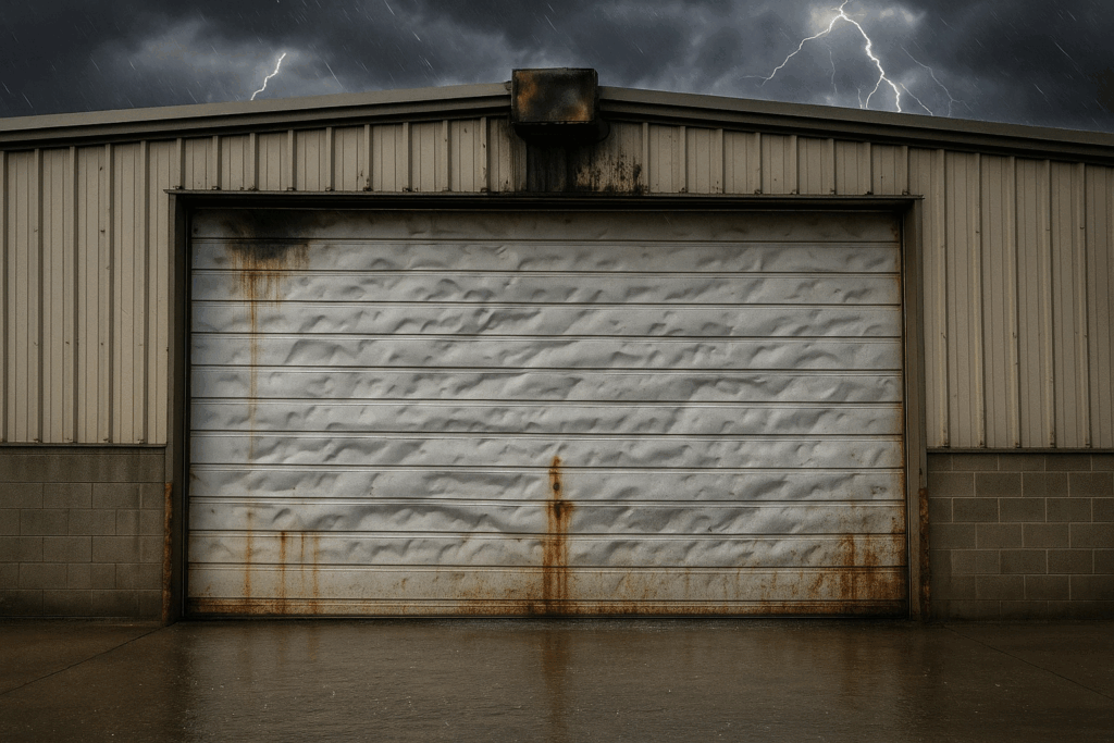 Rusty and dented industrial garage door in stormy weather with lightning in background.
