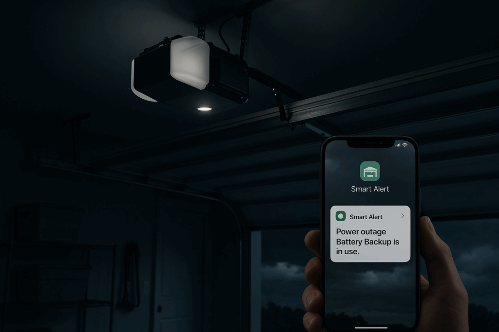 Modern garage doors with smart opener using battery backup during power outage.