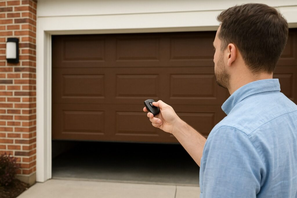 Homeowner testing remote control after professional garage door opener repair outside residential garage.