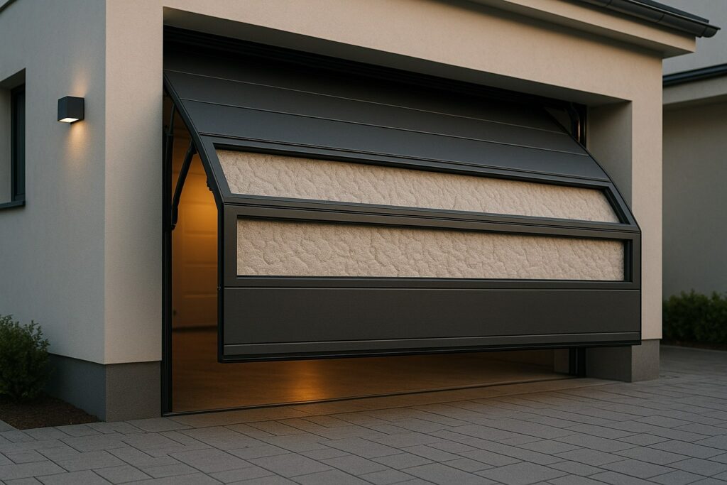 A modern insulated automatic garage door opens with warm interior lighting visible inside the garage.