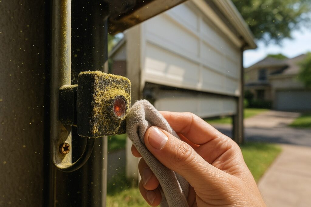 Garage door repair: cleaning dusty safety sensors for smooth operation.